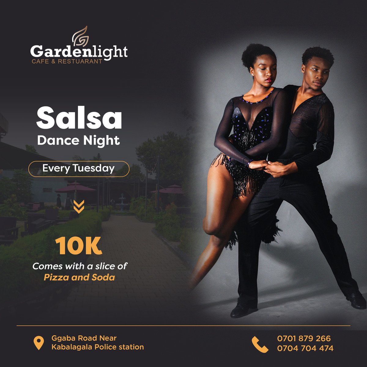We are thrilled to officially unveil  the long awaited event namely - the Salsa Dance Night happening every single Tuesday of the week at our home in Kabalagala next the police station.

At only Ugx.10000, you get a slice of our delicious pizza and a bottle of Soda while...