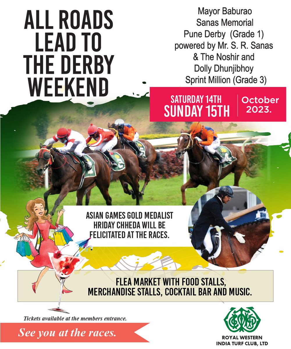 rwitcmumbai's tweet photo. Pune Derby Weekend .
🗓 Saturday 14th & Sunday 15th October 23
🎟 Tickets available on the day at the Member Enclosure Entrance.
🕰 Saturday -2.30 pm onwards
🕰 Sunday - 2pm onwards.
#rwitcpune
#derbyweekend #fleamarket #livemusic #wegotitall #placetobe
@ramshroff @shivens @sunil57 @BloodstockWorld @gautamlala @tariqvaidya @RaceMirror @indiaracedotcom @WHR @Reddysharan @UsmanRangeela @toi_shailendraA @punefoodblogg @adarpoonawalla @bishanduttbhatt @ppppos @HridayChhe21349