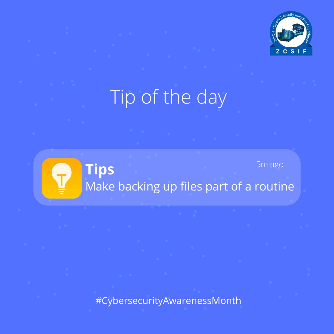 Make backing up files part of a routine. Back up your files often to avoid file corruption, lost media, data loss, etc. Use a backup hard drive or other resource

#tipoftheday #BackupRoutine #DataProtection #FileBackup #DataSecurity #BackupHabit