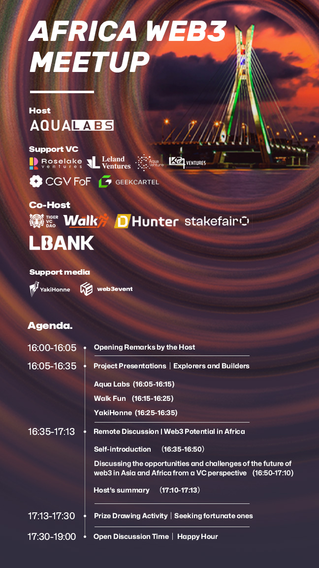 We're excited to share the agenda for our October meetup. Aptly titled * AFRICA WEB3 MEETUP *, come join the meetup and meet the GM of our core team @AquaLabs_ ! The #meetup will be from 4 to 7 PM on Sunday, October 15th, at BBL.