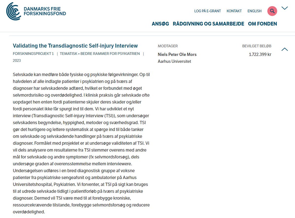 1,7 mio. kr. til forskning i selvskade.
Sammen med et tværfagligt hold skal jeg validere Transdiagnostic Self-injury Interview som vi selv har udviklet og nu skal afprøve i klinikker og sengeafsnit i psykiatrien.
Målet er at vi blive bedre til at spørge ind til selvskade #sundpol