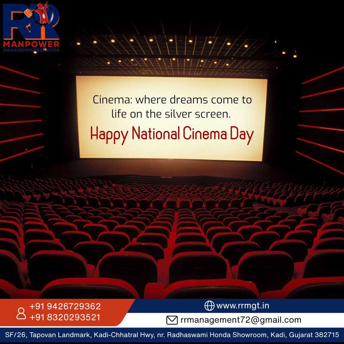 🎥 Lights, Camera, Action! Celebrating the magic of the silver screen on #NationalCinemaDay 🍿✨ Let's embark on a cinematic journey like never before! 🎬

#MovieMagic #CinemaDayDelights #SilverScreenCelebration #MovieMania #CinephileChronicles #rrmgtkadi #rrmanpowerjobs