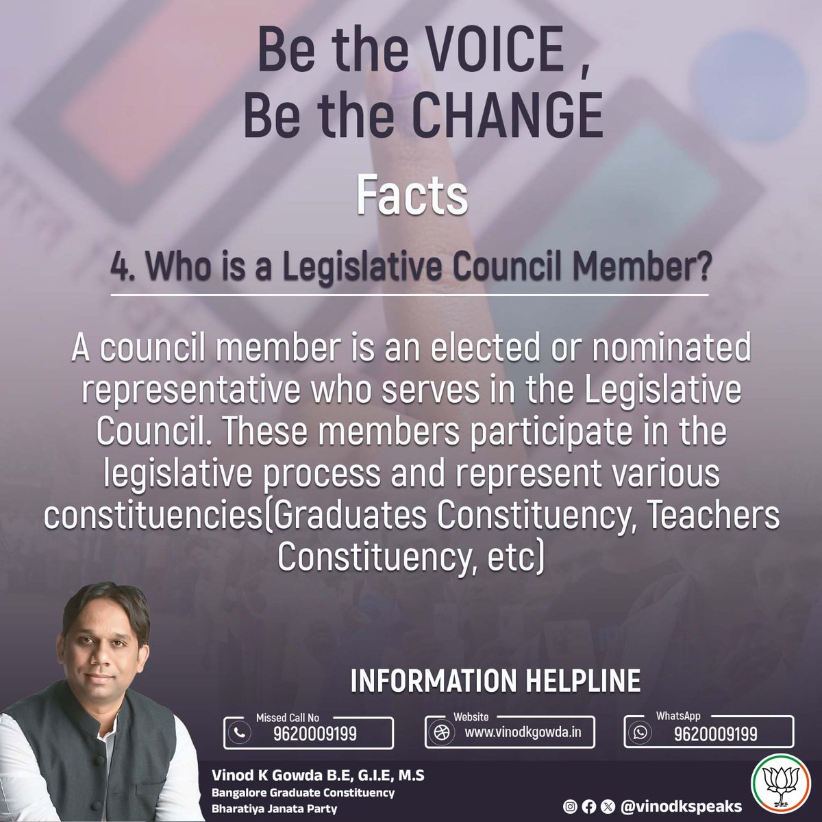 vinodkgowda000's tweet photo. Know your leader!

An MLC is an elected or nominated representative who serves in the Legislative Council. These members participate in the legislative process and represent various constituencies like Graduate/Teachers Constituency etc.

#MLCElection #GradPOWER
@BJP4Karnataka https://t.co/2KzjPlUupI