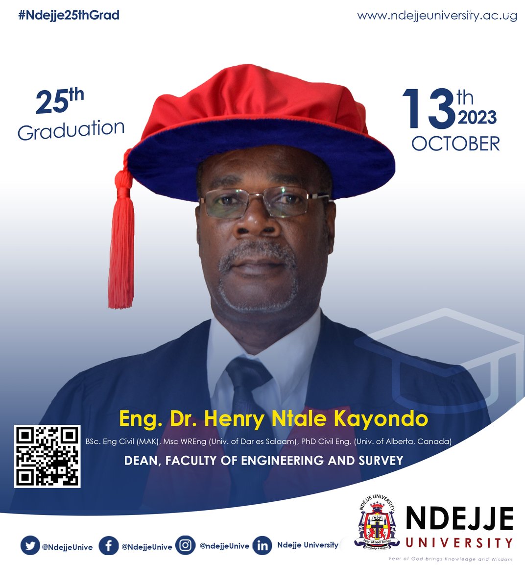 NdejjeUnive's tweet photo. #KnowYourDean 
Eng. Dr. Henry Ntale Kayondo
BSc. Eng Civil (MAK), Msc WREng (Univ. of Dar es Salaam), PhD Civil Eng, (Univ. of Alberta, Canada) 
DEAN, FACULTY OF ENGINEERING AND SURVEY 
 #Ndejje25thGrad https://t.co/0USjhaQrgu