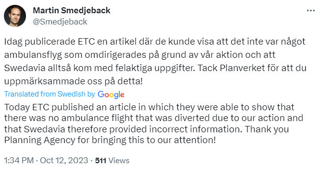 JanineClimate's tweet photo. This is a Deadly lie!

#Swedavia claims an ambulance flight was diverted because of a #ScientistRebellion #StopPrivateJet action! #ClimateChangeDenial 

@ETC_redaktionen &amp; @Expressen 

Lies put us, societies &amp; our future at risk!

#ClimateCrisis is premeditated &amp; maybe this lie! https://t.co/3cWmET9ET1