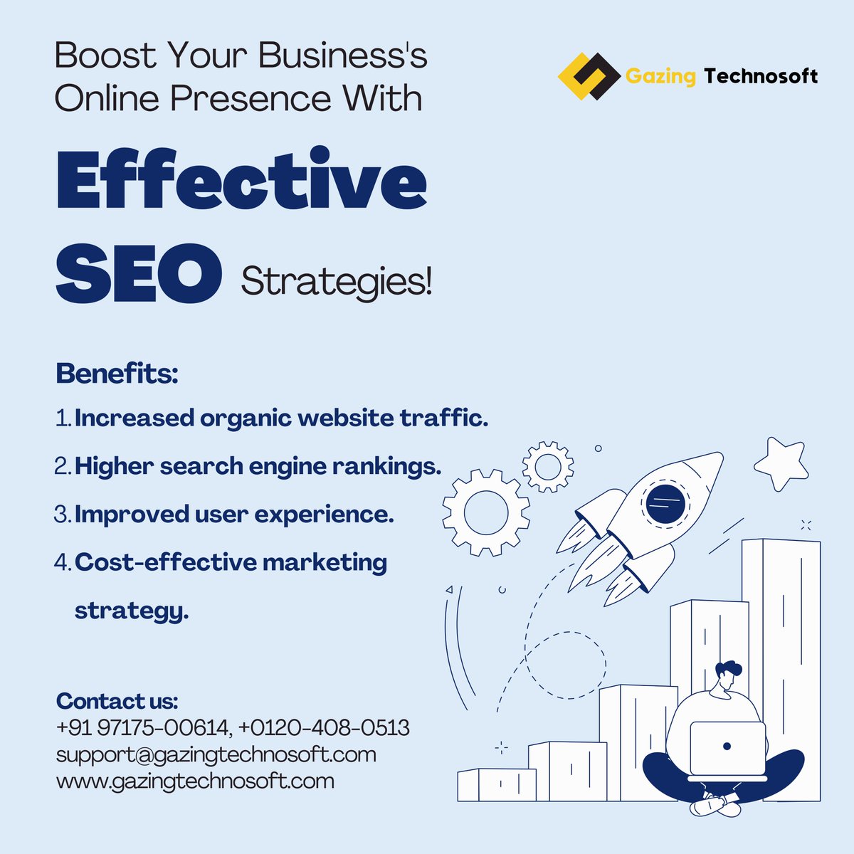 ✨ Transform Your Digital Journey with SEO ✨
🔝 Claim top search engine spots!
📊 Watch your organic traffic surge!
👩‍💻 Deliver captivating user experiences!
🌍 Promote smart &amp; save big!

support@gazingtechnosoft.com
gazingtechnosoft.com

#DigitalRevolution #SEOPowerhouse