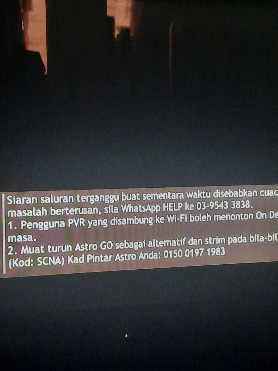 AjIskandar's tweet photo. Deii @ASTRO_Staff ...cuaca punya cerah...siaran terganggu disebabkan cuaca buruk...byk channel mcm tu...agak² la klau ye pun...makin lama...makin teruk servis korang nie...ke mmg paksa betul pkai new astro box tu...walaupun kawasan x kuat coverage internet.. https://t.co/qITvtUNnYy