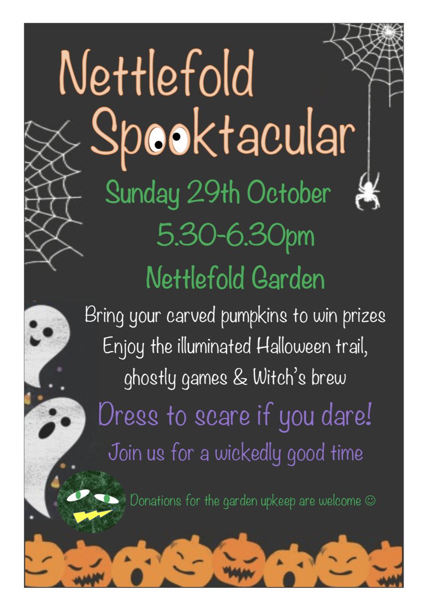 NettlefoldGdn's tweet photo. Come along if you dare to our #NettlefoldSpooktacular on Sunday 29th October 🧙‍♀️👻💀🕸️ and don’t forget your pumpkin 🎃🎃🎃 https://t.co/7SdoBDUgXG