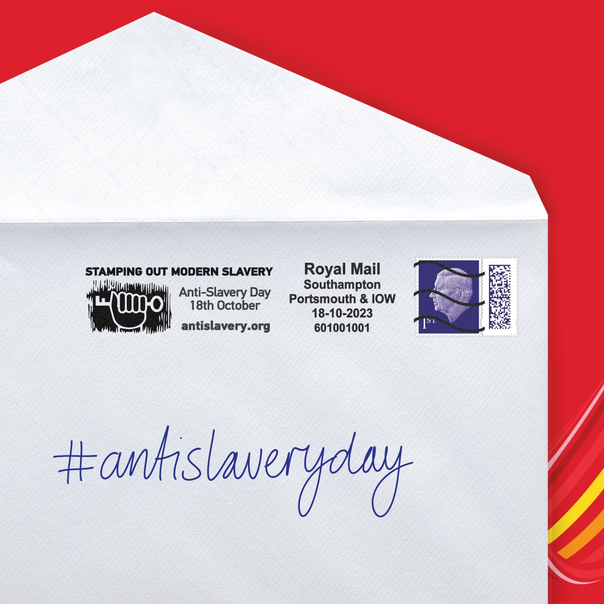 We’re supporting anti-slavery day with a special postmark. We’re committed to ensuring that modern slavery and human rights abuses, including trafficking, are not taking place in our own business or supply chains. #antislaveryday