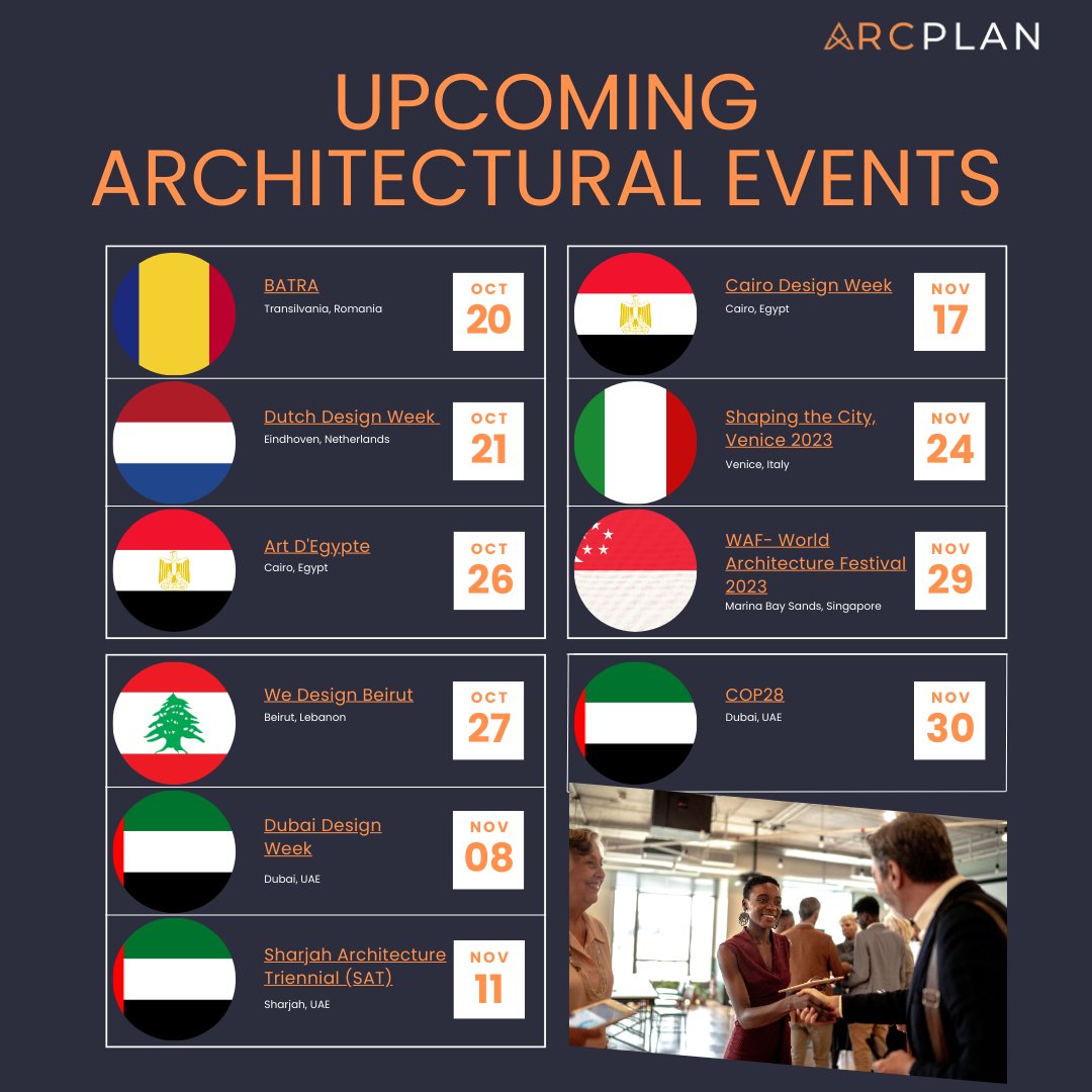 Check out these upcoming architectural events all across the world. Which all are you planning to attend? 

#architectureevents #architectureconference #architecturalexhibition #architecturalinnovation #sustainablearchitecture #urbanplanning #buildingdesign #architecturefestival