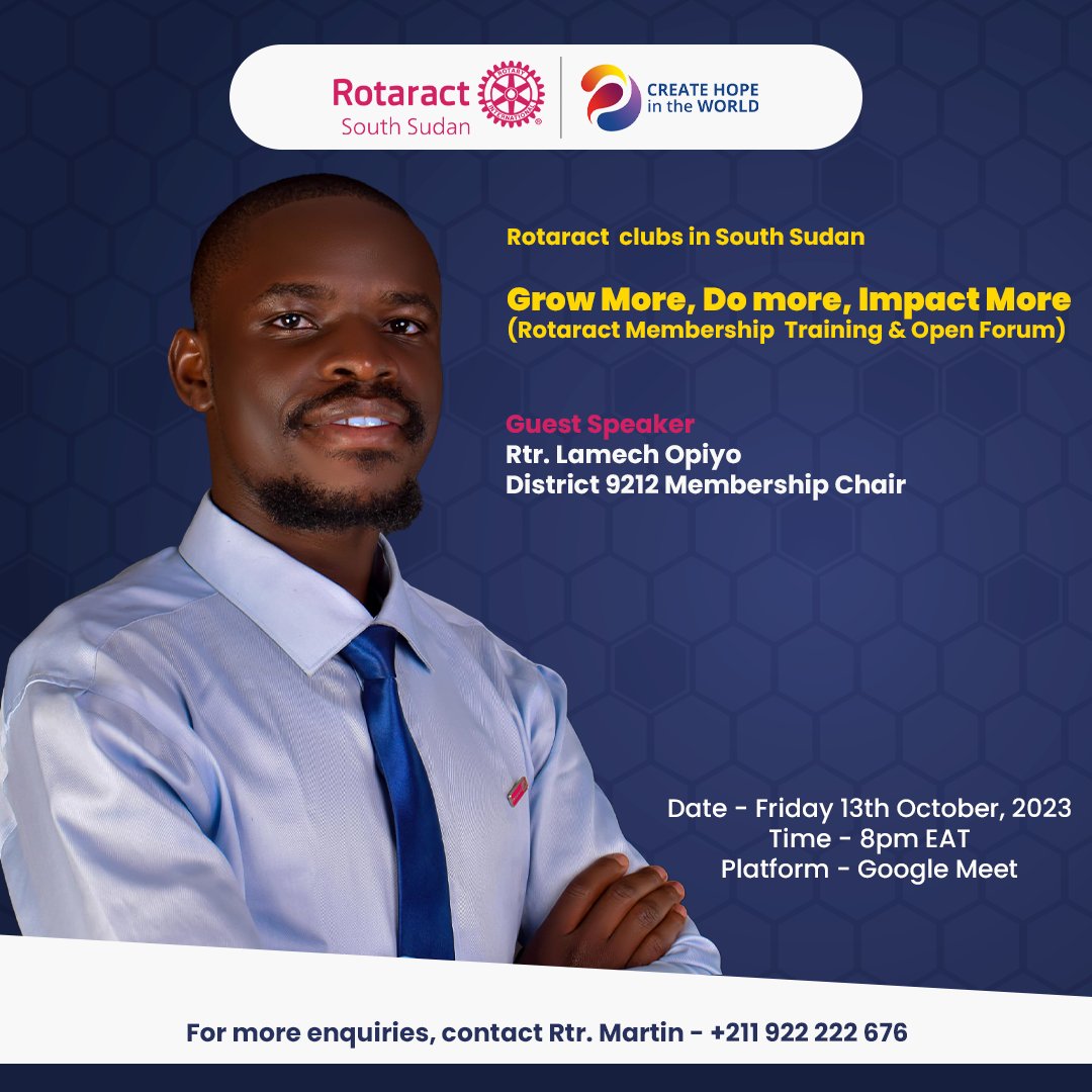 Grow more, Do More, Impact More!

Glad to be the Guest speaker tonight at a joint meeting of Rotaract Clubs in South Sudan.

Our collective efforts as Changemakers can create a positive impact &amp; transform lives for generations!

#ServiceAboveSelf
#CreateHopeInTheWorld