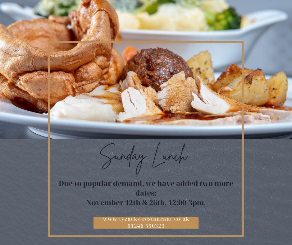 Sunday Lunch @tyzack_s November 12th & 26th, 12:00 - 3pm. Open to the public, everyone welcome. Please call: 01246 590323 to make a booking…don’t miss out, we fill up very quickly. Bringing tasteful to the table #wearemorethanjustgolf #simplydelicious #sundaylunch @DesChes