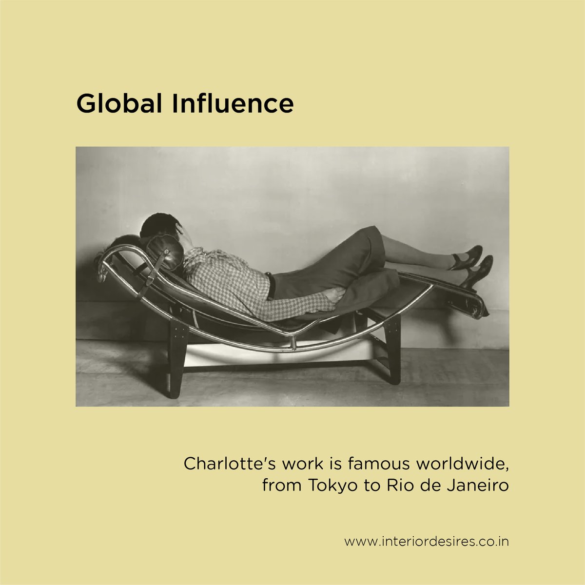 Join us in celebrating the enduring impact of Charlotte Perriand's interior designs on modern interiors. It’s her death anniversary today. 🏡🎉 

#CharlottePerriand #InteriorDesires #InteriorSolutions #InteriorDesigns #HomeSoltuions #DesigningSpaces #Home #SweetHome #Furniture