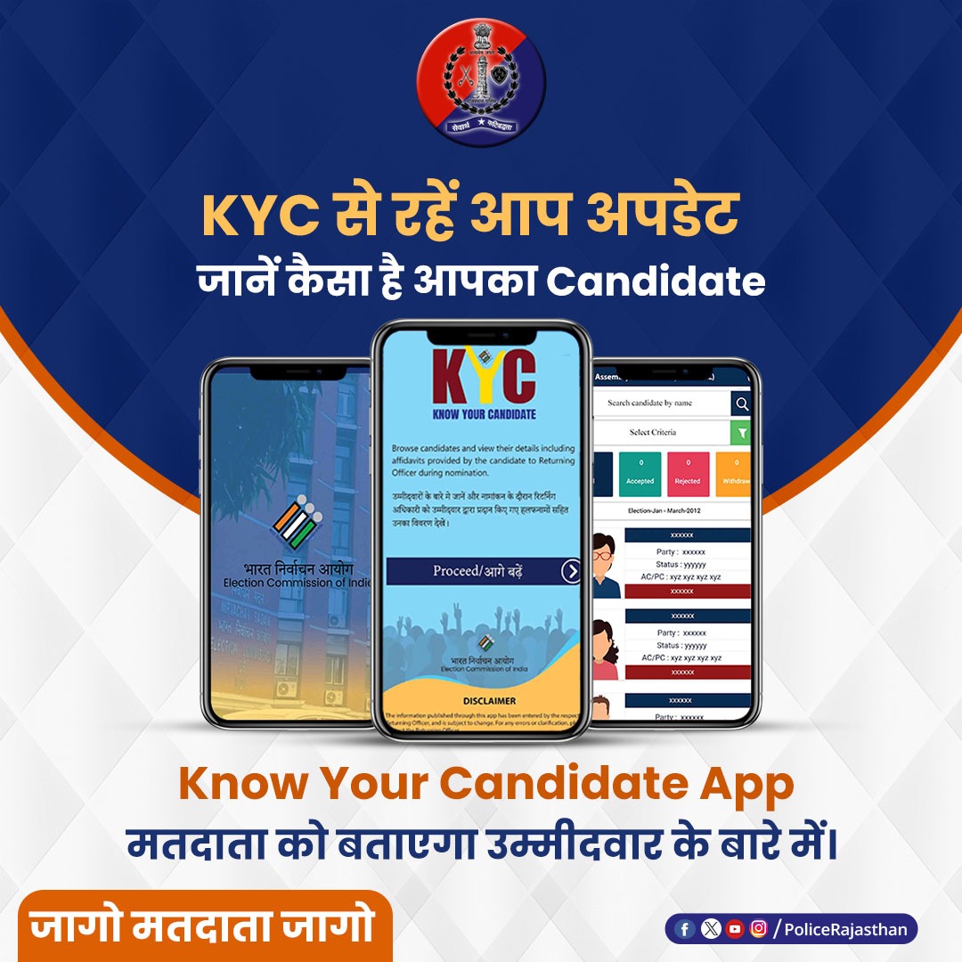 PoliceRajasthan's tweet photo. अगर आप जागरूक मतदाता हैं तो जानें KYC App के बारे में, जानें अपने उम्मीदवार के बारे में। 

इस एप का उद्देश्य वोटर्स को उम्मीदवारों की विस्तृत जानकारी प्रदान करना है। 

#RajasthanPolice
#RajasthanAGE2023
#RajasthanElection2023
#ECI

@CeoRajasthan https://t.co/92OVHifRBy