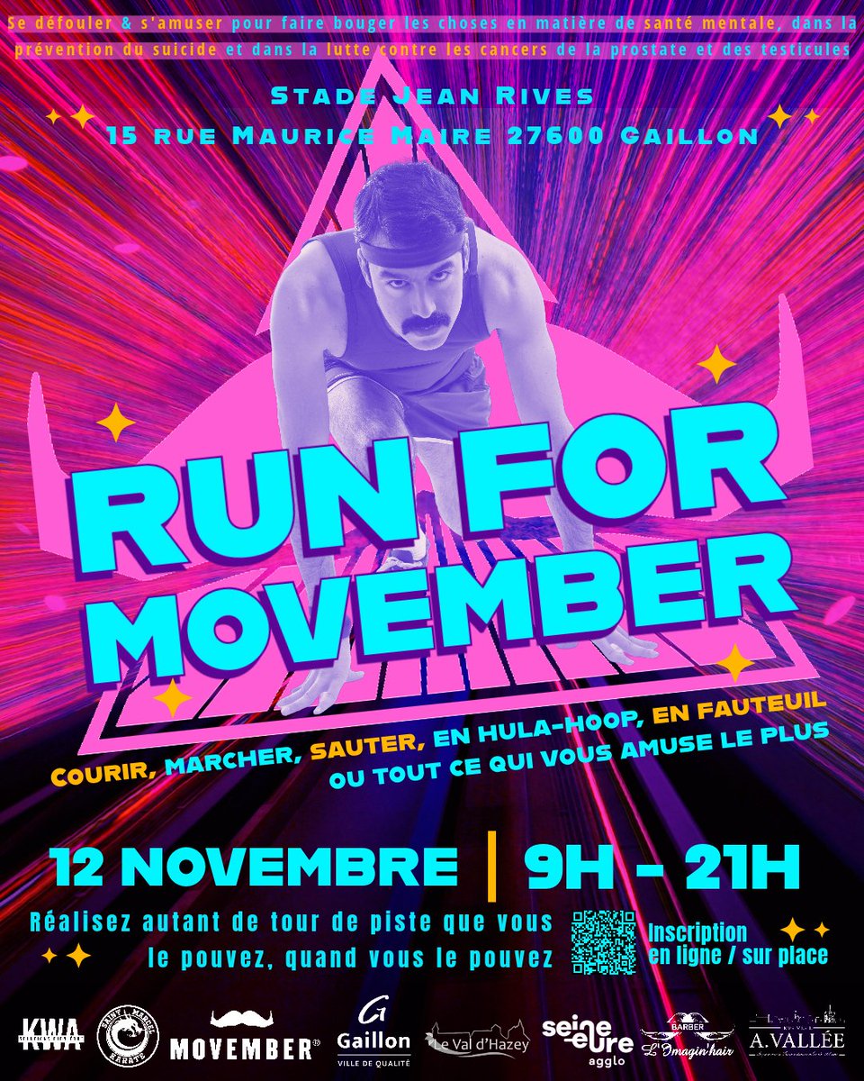 "Run For Movember" arrive à Gaillon ! Réalisez autant de tour de piste que vous le pouvez, quand vous le pouvez
Venez courir, marcher, sauter au profit de la fondation
<a href="/MovemberFRA/">Movember France</a> 

Retrouvez dans ce lien toutes les infos pratiques  
bit.ly/Run4Movember

#TheMoIsCalling