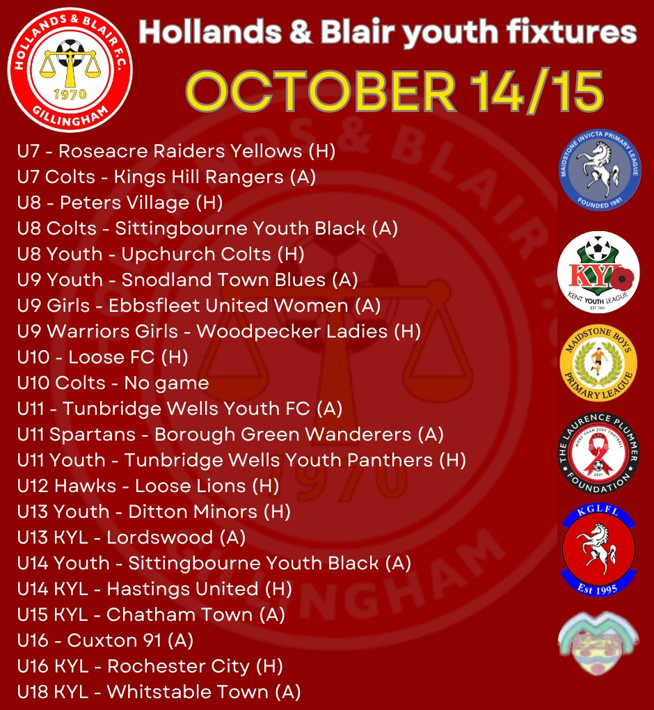 handbfcyouth's tweet photo. Huge weekend for the @hollandsblairfc youth sides with 21 games across @KentYouthLeague @KGLFL @PrimaryLge @InvictaLge and the Maidstone Minor League. Good luck to all the boys and girls taking part ⚽️⚽️⚽️⚽️🔴⚪️🔵🟡 #blairarmy https://t.co/fuohRrjBJi