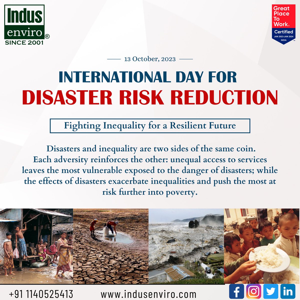 Today, on International Day for Disaster Risk Reduction, let's unite to fight inequality for a more resilient future. 

Contact Us- lnkd.in/ddyRNrk6

#RiskReduction #InequalityMatters #indus #indusenviro #indusenvirodelhi #envirotrends
