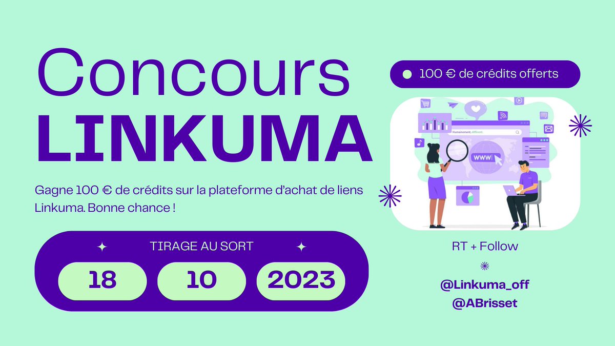 [CONCOURS] 🎁
100 € de crédits à gagner chez LINKUMA, la plateforme d'achat de liens discrète mais efficace 🙂

Idéal pour :
➜ diluer ses ancres
➜ relinker ses meilleurs liens
➜ booster une page profonde

Pour participer : RT + Follow <a href="/ABrisset/">Antoine Brisset</a> et <a href="/Linkuma_off/">Linkuma</a> 

TAS le 18/10.