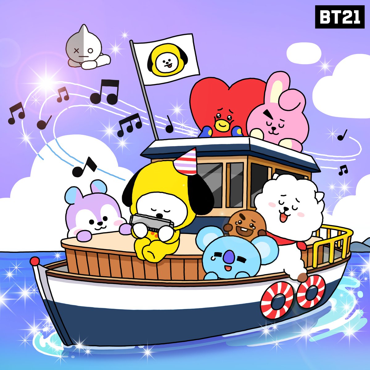 BT21_Japan's tweet photo. CHIMMYが奏でる旋律が、みんなを夢の場所へ導くよ🚢✨

#BT21 #夢 #冒険 #スイート #メロディー #ハーモニカ #おめでとう https://t.co/O124oEBrPW