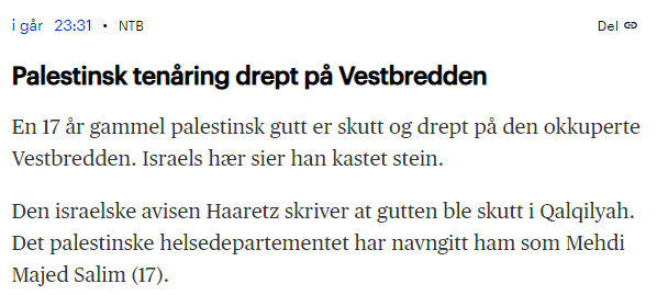 Det er kun et av landene som har makten til å sikre fred og sikkerhet for alle i denne konflikten, og det er ikke landet til gutten som kastet stein. Dette kommer til å bli et vondt kapittel i historiebøkene.