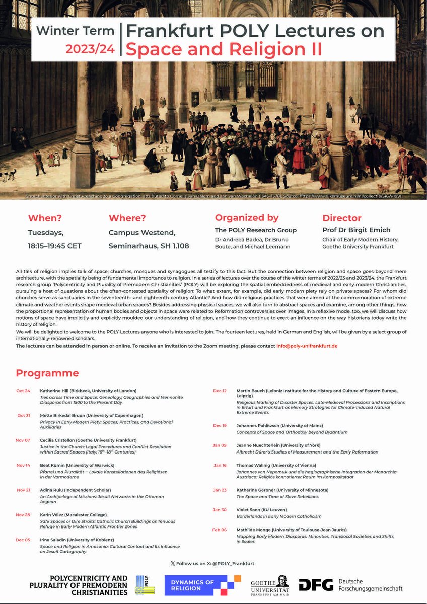 The new semester is around the corner &amp; we are happy to present the program for the winter term 2023/24 installment of the “Polycentricity and Plurality of Premodern Christianities” (POLY) lecture series!
Join us via Zoom on Tuesdays at 6:15 pm CET from 24 Oct to 06 Feb 2023/24.