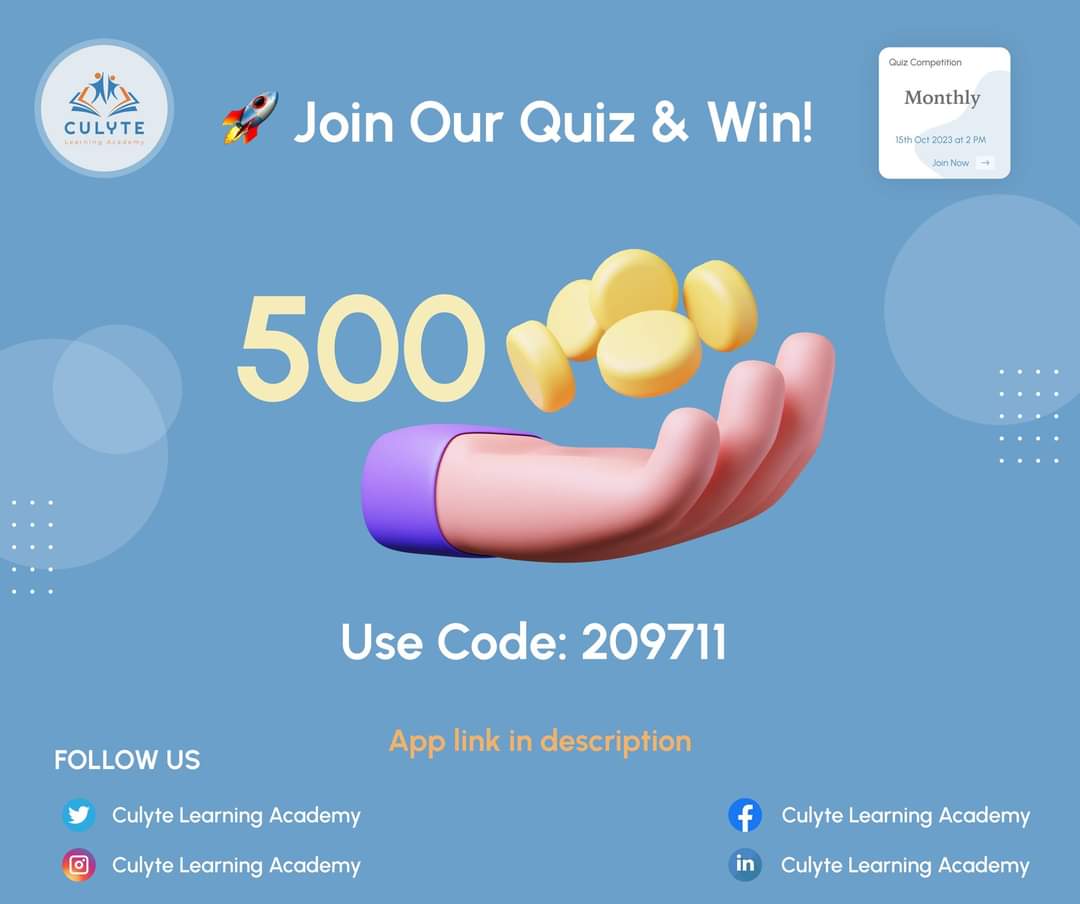 Culyte_Academy's tweet photo. 🚀 Join Our Quiz &amp; Win
Download our app, use code 209711, and get 150 coins instantly. That's your FREE entry to the quiz! 🎉
Link: https://t.co/TYtFQuPl04…...
👉 #bicotmicdonald #lahore #Ayesha #JoinNow #trend #Trending 
#طوفان_الاقصى_ #غزة_الآن #palastine  #FreeGaza #jihad https://t.co/liGBT2leQs
