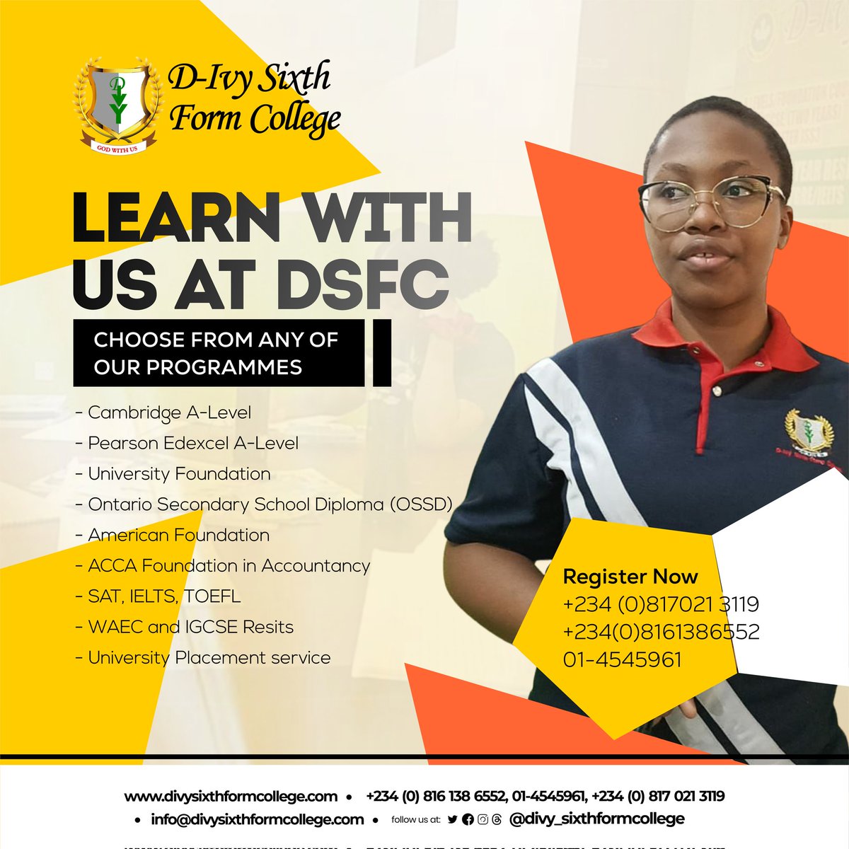 divysixthform's tweet photo. We invite you to learn with us at  D-Ivy Sixth Form College.

Talk to us today about admission.

+234 (0)817021 3119
+234(0)8161386552
01-4545961 https://t.co/eL8Lr1Co7G