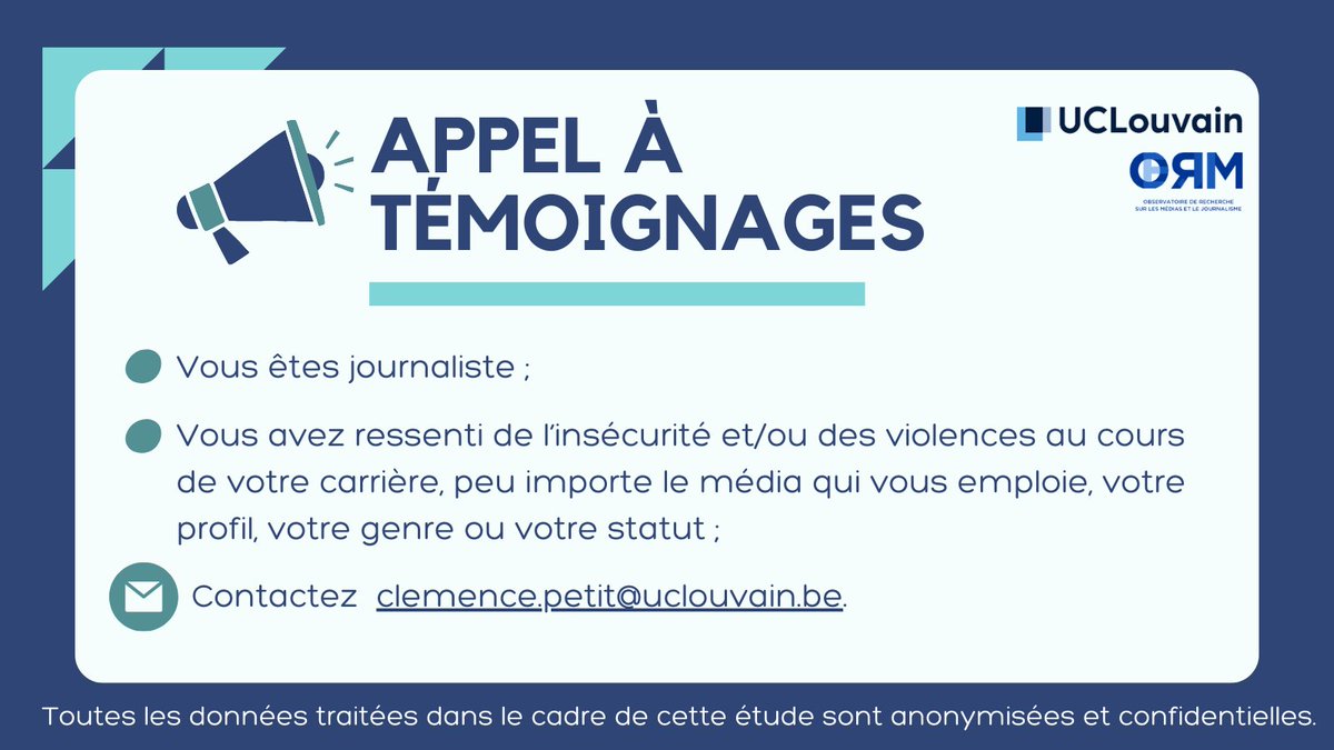 📢 Appel à témoignages : journalisme et (in)sécurités :
Dans le cadre de sa thèse, notre doctorante @ClemencePetit_ mène actuellement des entretiens avec les journalistes belges francophones afin de mieux saisir la nature des violences auxquelles ils et elles font face (1/3)