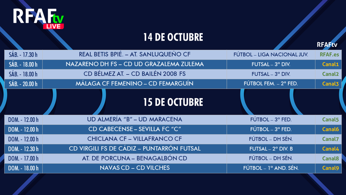 RFAF's tweet photo. 🤩 Menudo fin de semana de #fútbol y #futsal el que nos trae @RFAF_tv con 1⃣0⃣ auténticos partidazos:
✅ #SegundaFederaciónFF
✅ #SegundaBFS
✅ #TerceraFederación
✅ #TerceraFS
✅ #DHS
✅ #PrimeraAndaluzaSénior
✅ #LNJ
📺 En directo en #RFAFtv o en https://t.co/b4rjnyEHbu https://t.co/jy8cfkDhTA