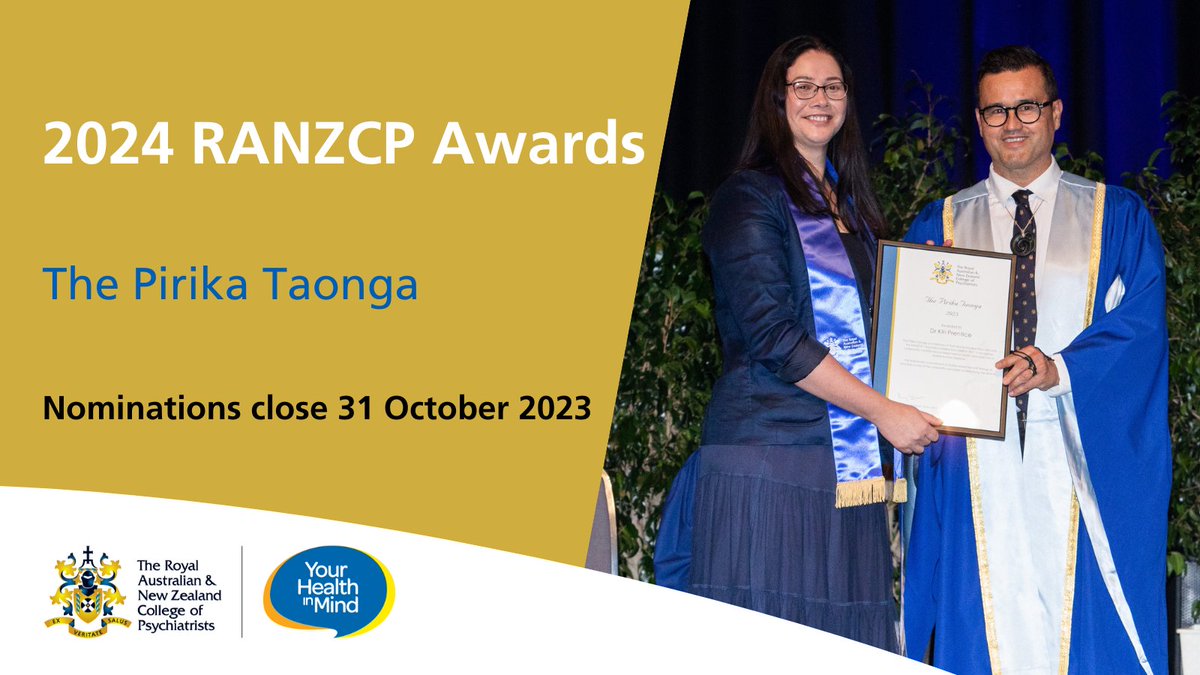 Nominations for the Pirika Taonga close at 11:59 pm AEDT 31 Oct. Don’t miss your chance to nominate a #Māori #RANZCPmember or a member of the Māori community who has contributed to increasing Māori relationships in Aotearoa New Zealand mental health ▶️ow.ly/IgnY50PRHZl