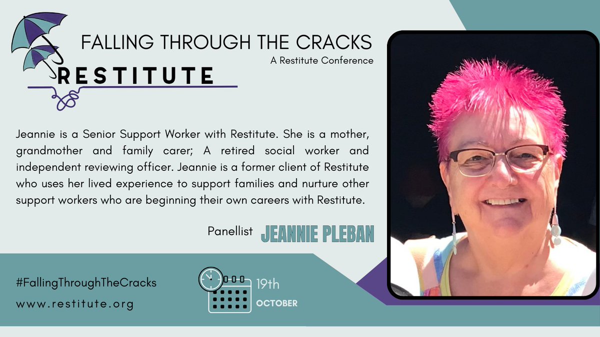 RestituteUk's tweet photo. Senior Support Worker Jeannie is passionate about offering hope where there is no hope & a way when the way seems impossible.
Jeannie will join @RestituteUK as a panellist at our upcoming "Falling Through the Cracks" conference.
#FallingThroughTheCracks #Hope #Restitute https://t.co/jljJ7CiOO7