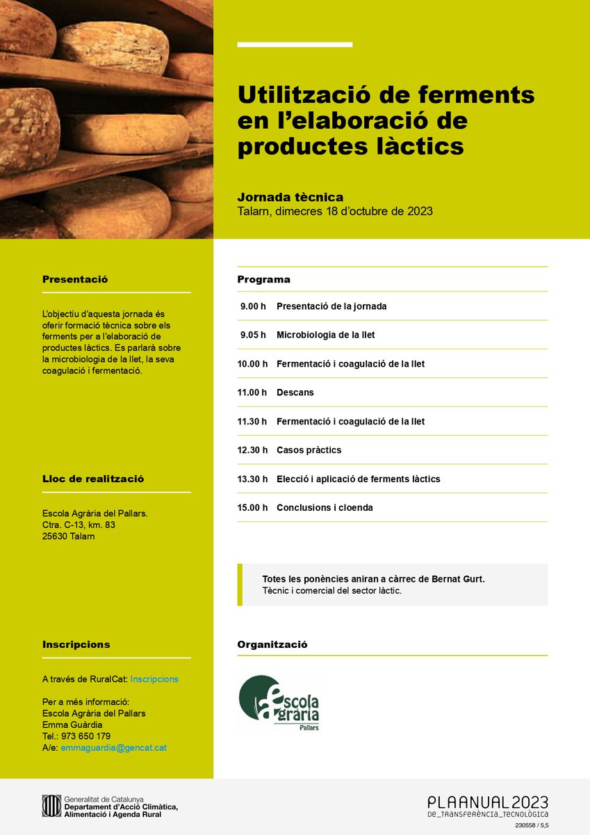 📌Jornada tècnica: "Utilització de ferments en l’elaboració de productes làctics" #PATT2023

📅18/10/2023
⌚️09:00h
📍Talarn

ow.ly/vuvQ50PVrWF

<a href="/eapallars/">Escola Agrària del Pallars</a>