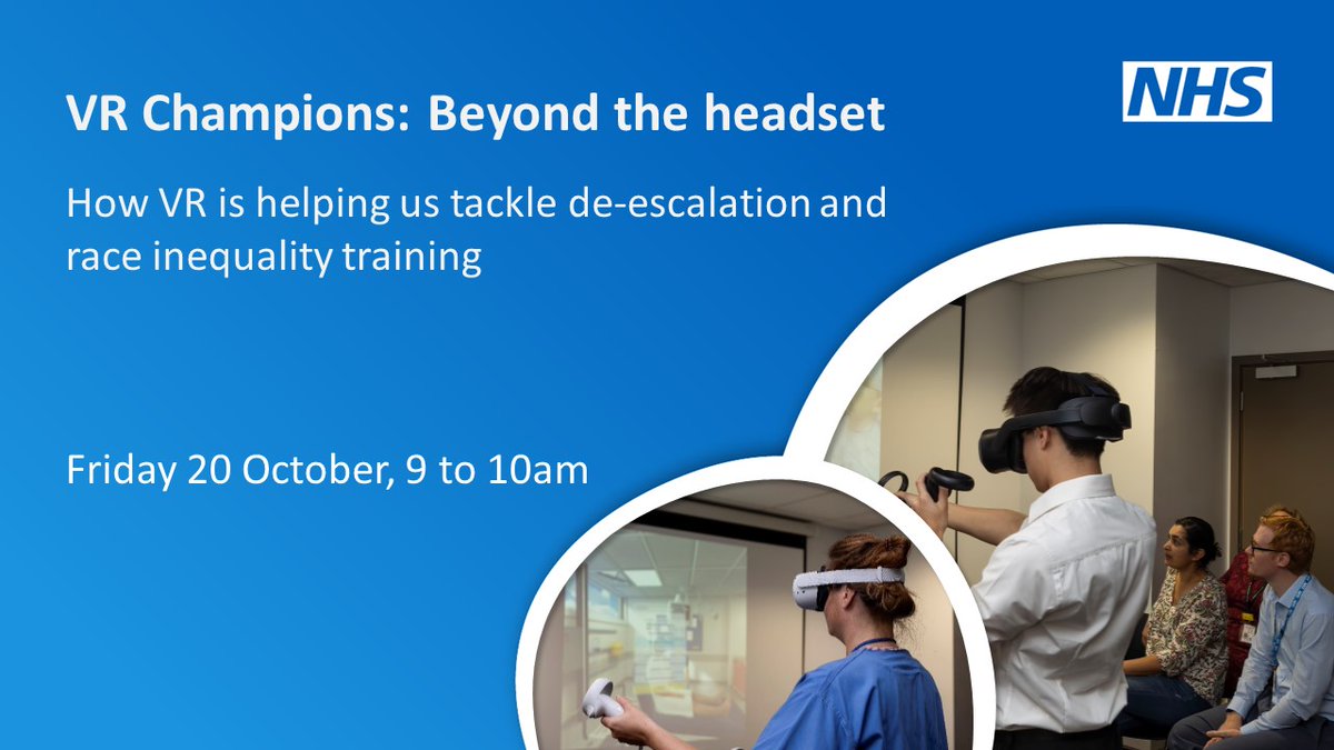 Our next #VR meeting on 20 October focuses on de-escalation, tackling race inequality and reducing restrictive practice for acute and mental health trusts. Hosted by <a href="/Virkist/">Kiran</a> <a href="/HelzWelsh/">Helen Welsh</a> @Maudsleylearn , you can sign up here: simimmtech@hee.nhs.uk