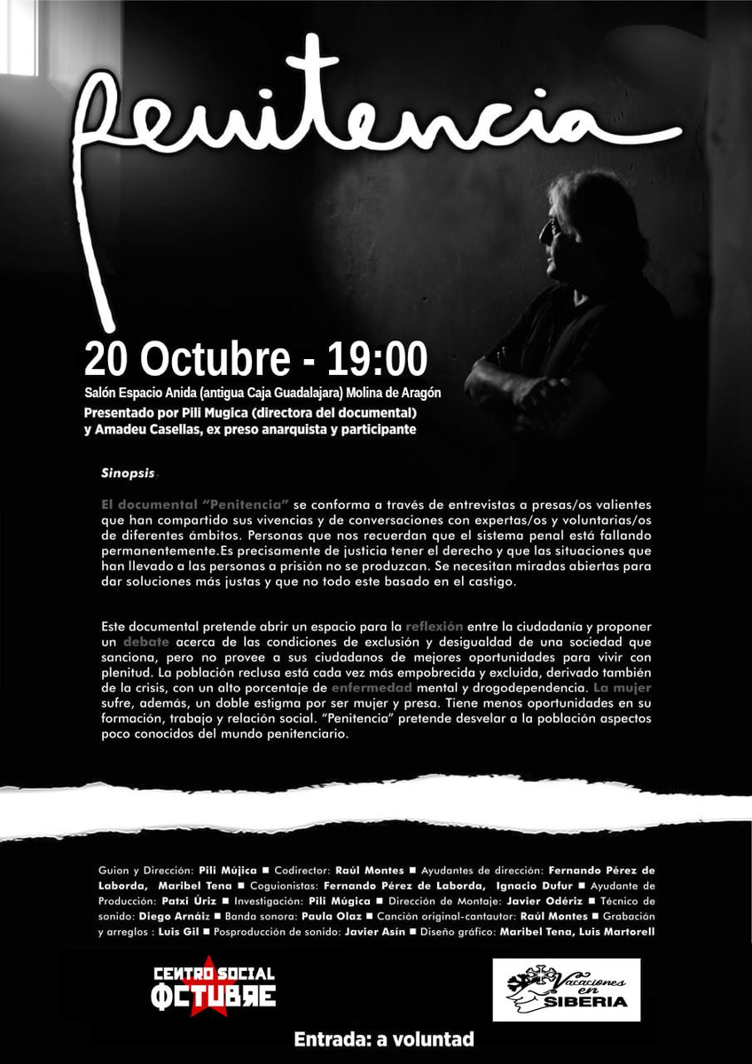 El próximo viernes estaremos en #MolinaDeAragon presentando el documental Penitencia, junto al ex- preso político anarquista Amadeu Casellas.

📆 Viernes 20 octubre
🕖 19.00
🏠 Salón Espacio Anida

¡Os esperamos!