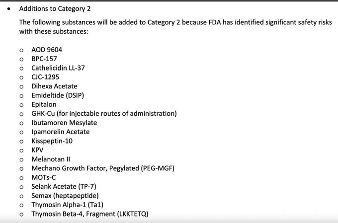 Syck_eth's tweet photo. These peptides becoming Category 2 tells me 2 things:
  
1) they work 
2) Big Pharma wants to profit from them
The FDA is nothing more than a salesman for Big Pharma. The sooner we abolish that agency the better. https://t.co/Dc8RA9s2im