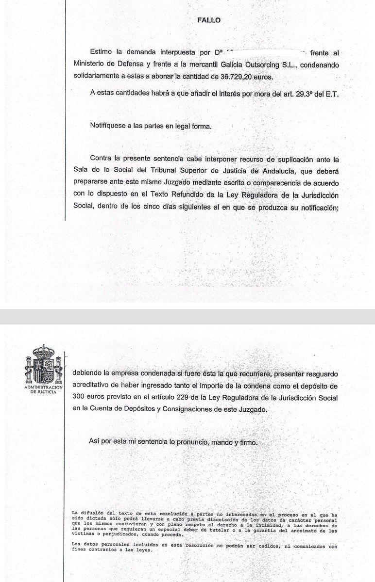 Estimación demanda Juzgado Social Melilla en materia de cantidades (36.729,20 € + 10% mora) derivadas de previa Sentencia en la que se declara cesión ilegal de trabajadores. Condena solidaria Ministerio Defensa (cesionaria) y empresa cedente.