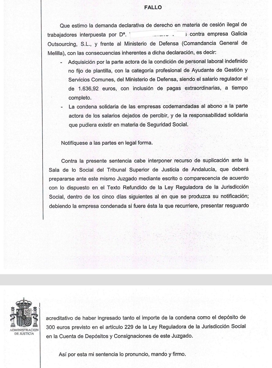 Estimación demanda Juzgado de lo Social Melilla en materia de cesión ilegal de trabajadores, condena solidaria a empresa cedente y cesionaria (Ministerio Defensa).