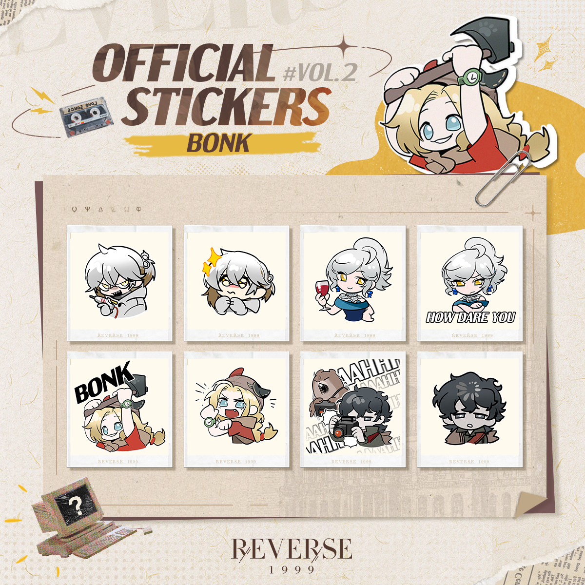 Reverse1999_GL's tweet photo. [Official Stickers Vol.2 - Bonk]

We have prepared for you some new stickers featuring Medicine Pocket, Eternity, Erick, and Click.

▼Download Link:
https://t.co/j0uUooTBrm

#Reverse1999 https://t.co/1luqDgCW77