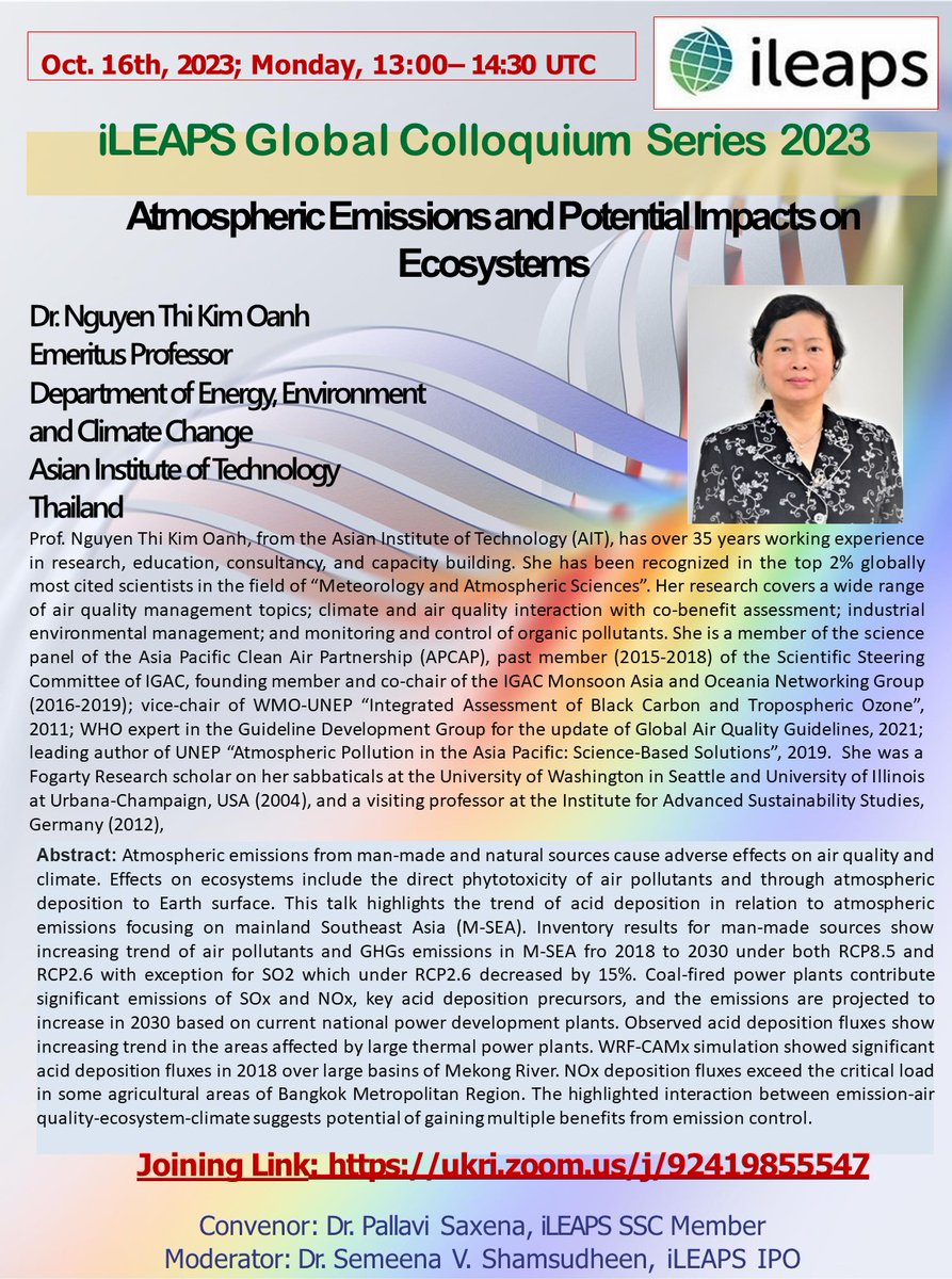 Dr. Nguyen Thi Kim Oanh who has been recognized in the top 2% globally most cited scientists in the field of “Meteorology and Atmospheric Sciences” as our guest speaker in this month's Global Colloquium series.. ukri.zoom.us/j/92419855547 @FutureEarth @pallavienviron1