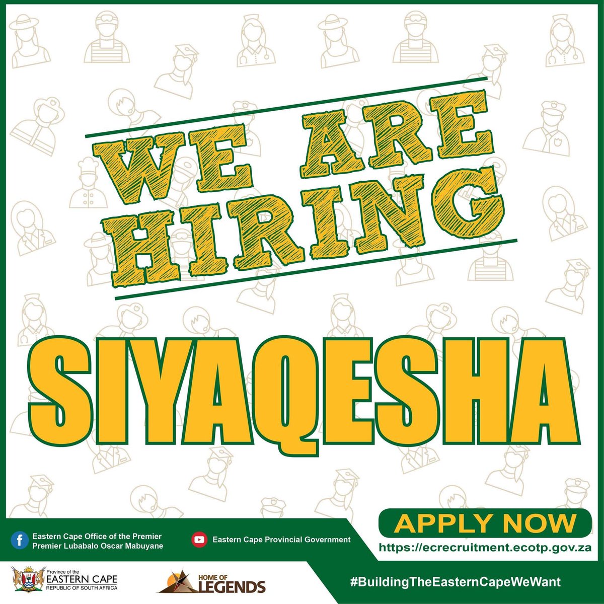 Siyaqesha ePhondweni. Please share.

To access the full e-Recruitment System click here - erecruitment.ecotp.gov.za

#BuildingTheEasternCapeWeWant #LeaveNoOneBehind