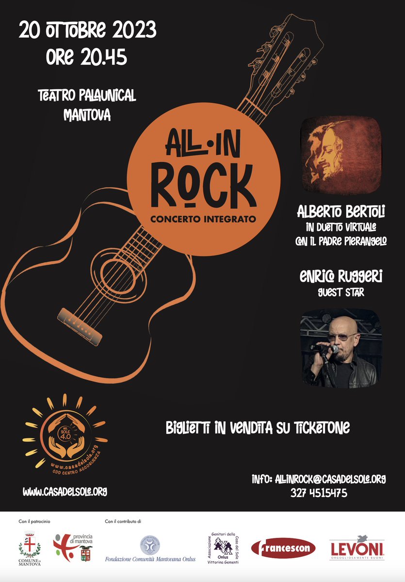 Grazie all’amico <a href="/albertoli1980/">Alberto Bertoli</a> che insieme alla <a href="/CasadelSoleMN/">Casa del Sole Onlus</a> hanno organizzato un concerto realmente #inclusivo dove la musica appartiene a tutti. Grazie anche a <a href="/enricoruggeri/">Enrico Ruggeri</a> per la partecipazione. Che questo evento sia da esempio per tutti i concerti realmente accessibili.