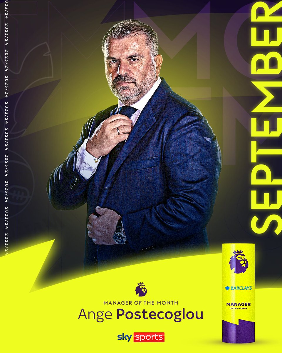 SkySportsPL's tweet image. BREAKING: Ange Postecoglou has been named the Barclays Premier League Manager of the Month for September 👔🏆

Back-to-back awards for the Tottenham boss 👏
