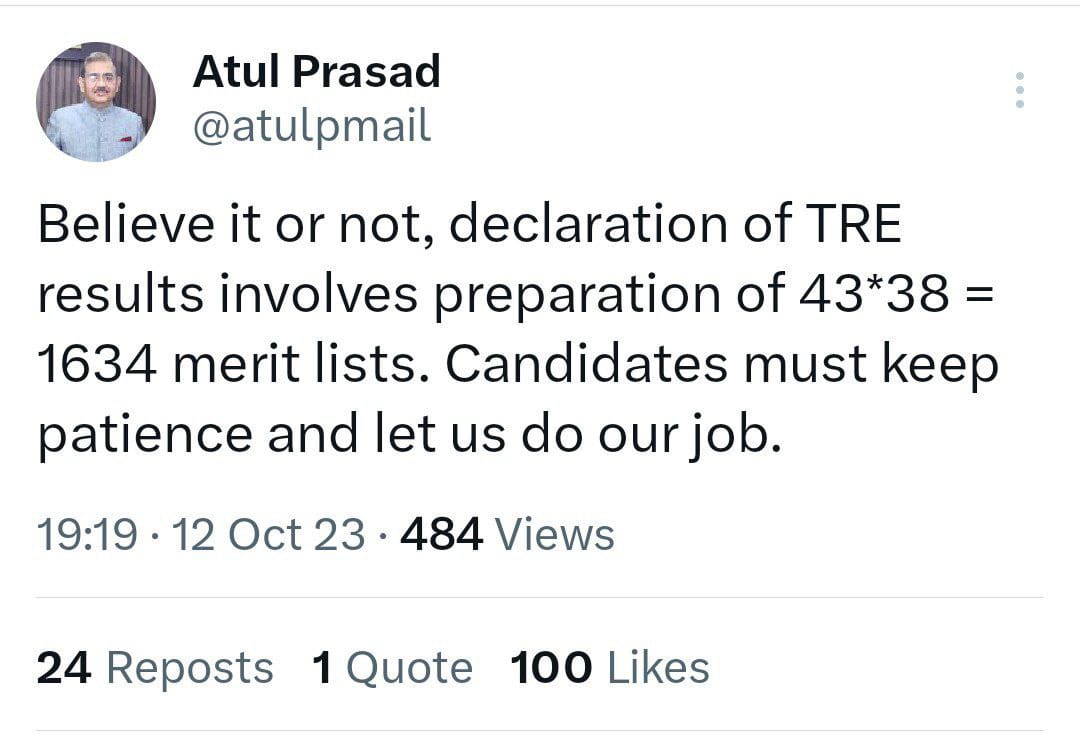Stet2019_v's tweet photo. Respected @atulpmail sir 🙏!

अगर 9-12 का रिज़ल्ट तैयार है तो जारी करें, ज़रूरी नहीं है कि 1-12 का एक साथ जारी हो!
1-5 में कई सारे issues हैं 9-12 में ऐसा कुछ नहीं है!
दूसरी बात, #Lecturer का रिज़ल्ट भी एक साथ नहीं Subject wise जारी हुआ है तो #BPSC_TRE में भी ऐसा हो! https://t.co/cwbt9Mbdyb