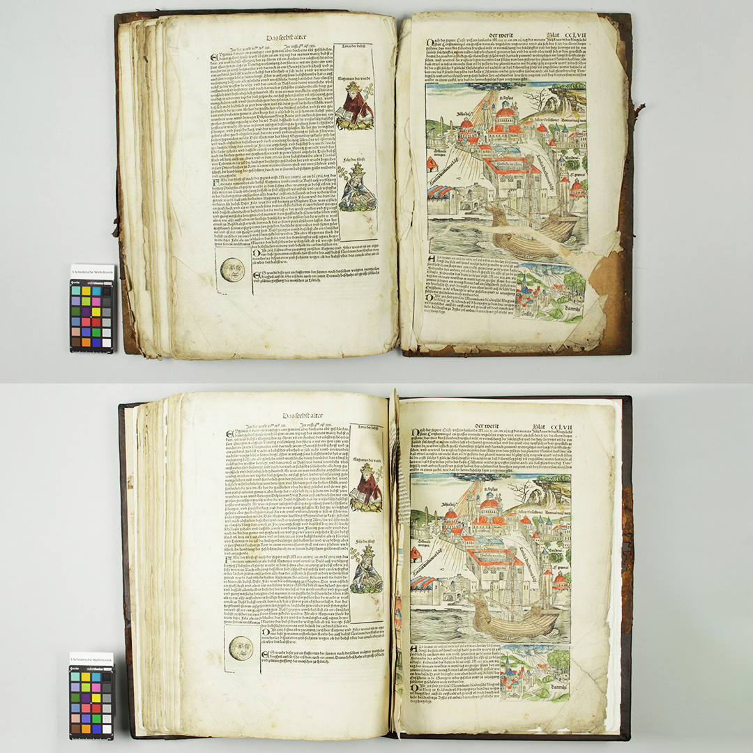 Heute ist #TagderRestaurierung 🎉
Die Annaberger Kirchenbibliothek und die <a href="/ubleipzig/">Universitätsbibliothek Leipzig (Archiv)</a> 
haben in Kooperation u.a. diese Ausgabe der
„Schedelschen Weltchronik“ als Teil eines
KEK-Projektes restaurieren lassen.