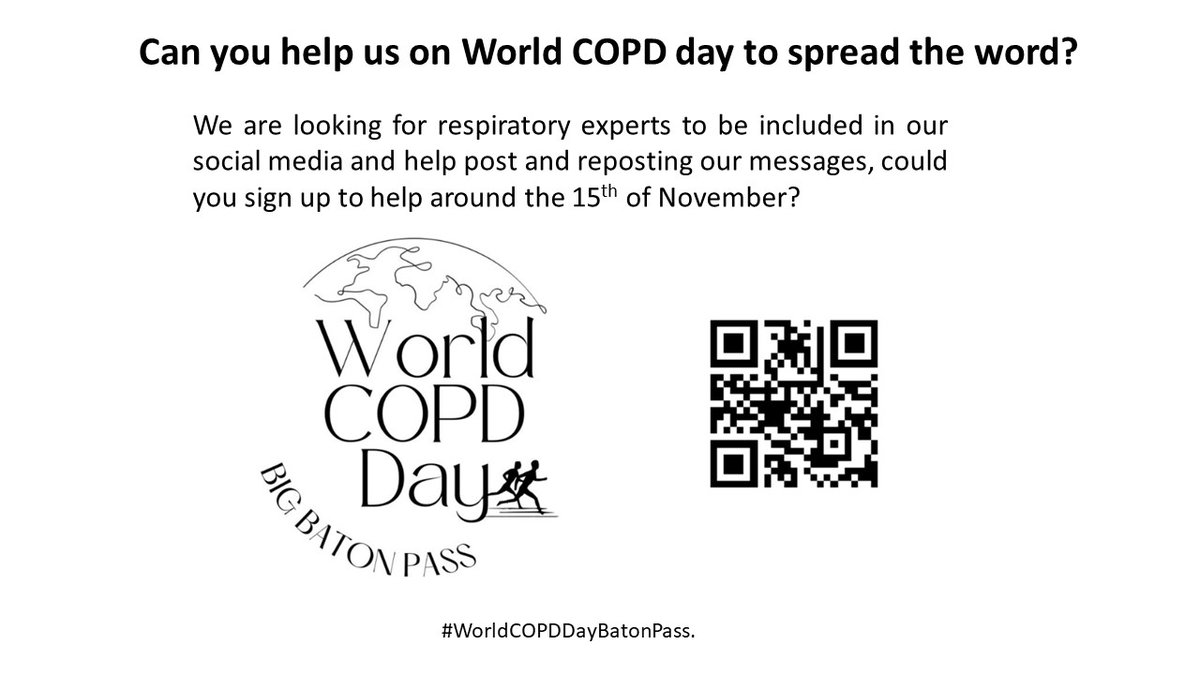 We are looking for respiratory experts to help make #WorldCOPDDayBatonPass a success. Please let us know by DM or via QR code if you are in and can share on the day. @murphieRNC @NatashaGarswood @NawarBakerly @PCRSUK @ScotSingHealth @ScottishLungs @ParsonageMaria