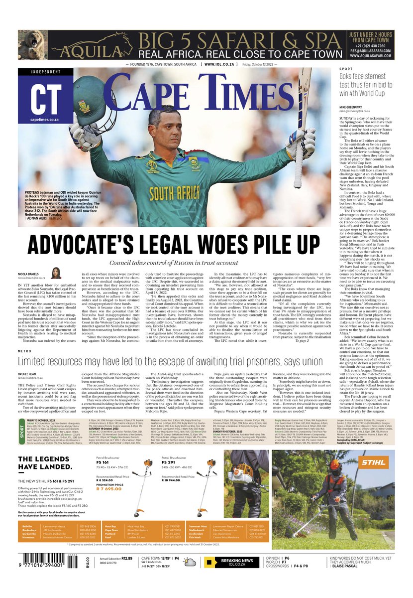 CouncilPractice's tweet photo. CAPE TIMES
#legalpracticecouncil #LPC #CapeTimes https://t.co/YKzwDzoCWG