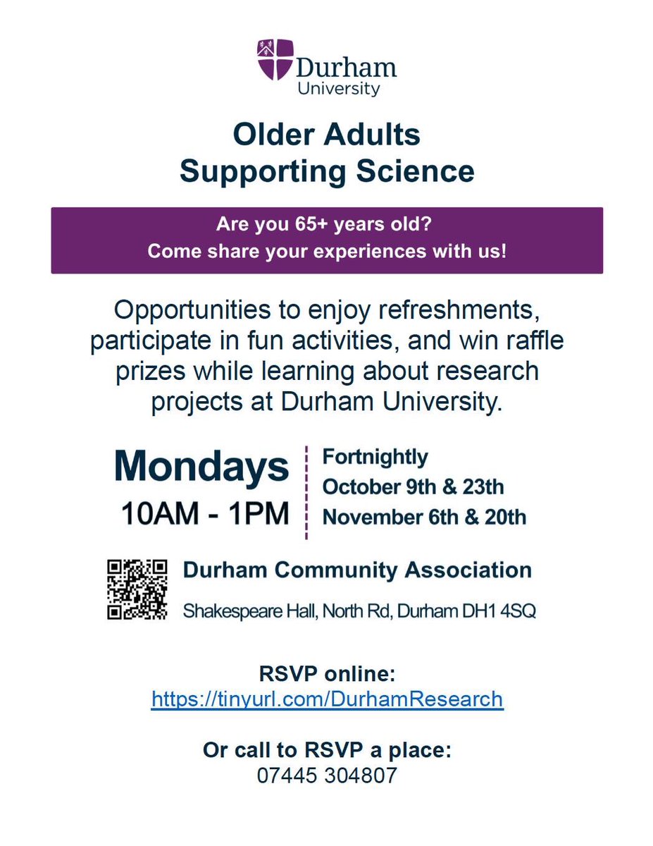 Good news! Our event has received additional funding from @IAAs_Durham for the next three sessions on 23 Oct, 6 & 20 Nov in Shakespeare Hall (halfway up North Rd), as part of the @ESRC Festival of Social Science 2023. The event is open to all older persons 65+. Come join us!