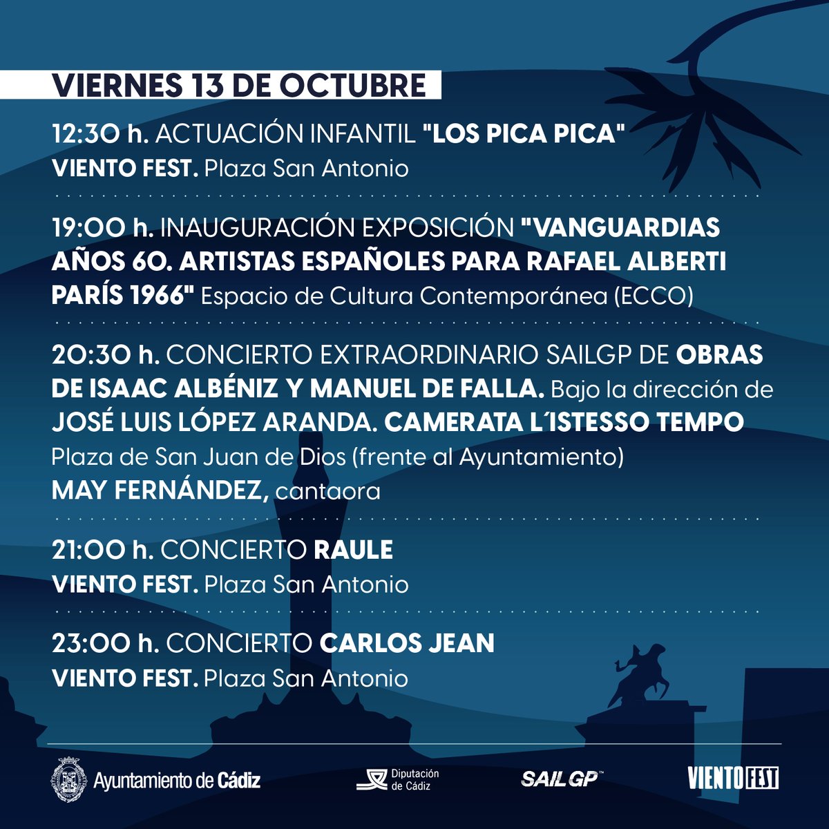 Cadiz_es's tweet photo. 🔵 Concluye el Festival Internacional de Series... y llega la #SailGP a #Cádiz 

✅ Aquí tienes todo el programa de actividades para este fin de semana #SailGPCádiz 

#VientoFest, conciertos, Carnaval, actividades infantiles, exposiciones, visitas guiadas, Gymkhana familiar... ⬇️ https://t.co/sPMmvSN5Uo