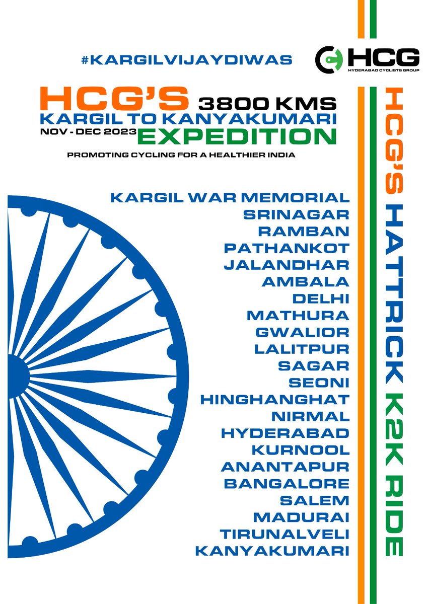 HCG Cyclists Group (@hcggroup2) on Twitter photo Flag off 21st November 2023 from kargilwarmemorial a proud moment to #telangana and #hyderabadcycling 1st time in the history #hattrick #kashmir2kanyakumari cycling expedition <a href="/KTRBRS/">KTR</a> <a href="/arvindkumar_ias/">Arvind Kumar</a> <a href="/IndianExpress/">The Indian Express</a> <a href="/the_hindu/">The Hindu</a> <a href="/BYCS_org/">BYCS</a> <a href="/HiHyderabad/">Hi Hyderabad</a> <a href="/ApnaSecbad/">Hi Secunderabad!!</a> <a href="/HiWarangal/">Hi Warangal</a> Flag off 21st November 2023 from kargilwarmemorial a proud moment to #telangana and #hyderabadcycling 1st time in the history #hattrick #kashmir2kanyakumari cycling expedition <a href="/KTRBRS/">KTR</a> <a href="/arvindkumar_ias/">Arvind Kumar</a> <a href="/IndianExpress/">The Indian Express</a> <a href="/the_hindu/">The Hindu</a> <a href="/BYCS_org/">BYCS</a> <a href="/HiHyderabad/">Hi Hyderabad</a> <a href="/ApnaSecbad/">Hi Secunderabad!!</a> <a href="/HiWarangal/">Hi Warangal</a>