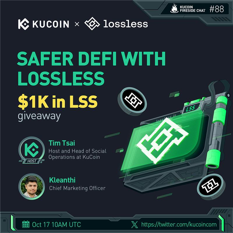 kucoincom's tweet photo. 🔥Join us on our next #KuCoin's fireside chat as we dive into a safer DeFi with @losslessdefi!

🎁$1,000 in LSS Giveaway (10 winners)

1️⃣Follow @kucoincom &amp; @losslessdefi
2️⃣RT, like &amp; tag 3 friends
3️⃣Fill in form: https://t.co/43xIq5AEdq
4️⃣Join the space

✅Set a reminder